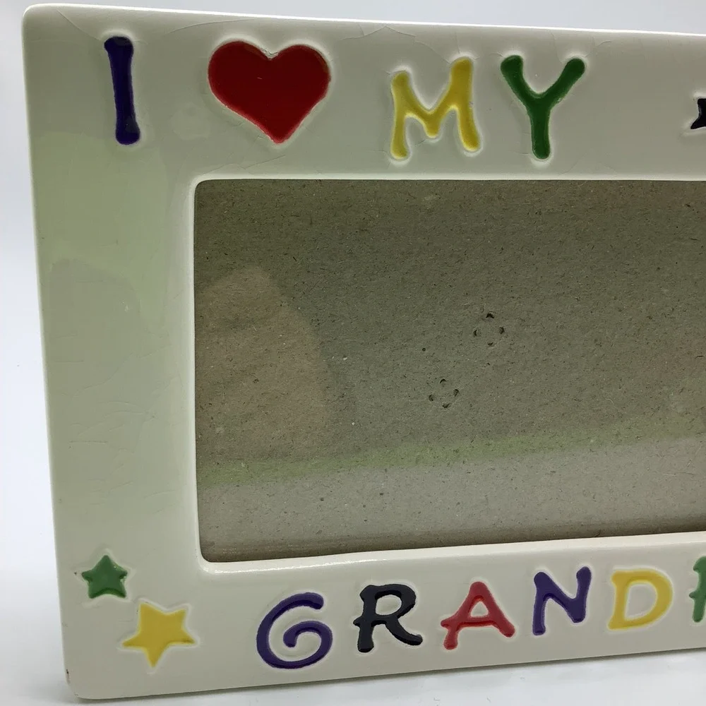 Vintage I Love My Grandpa Ceramic‎ Picture Frame w/ Stars Crackle Glaze Finish